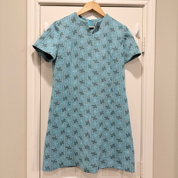 Vintage 60s 70s Checkaberry Mod Shift Dress Women’s Med Teal Blue Short Sleeve - Picture 1 of 7